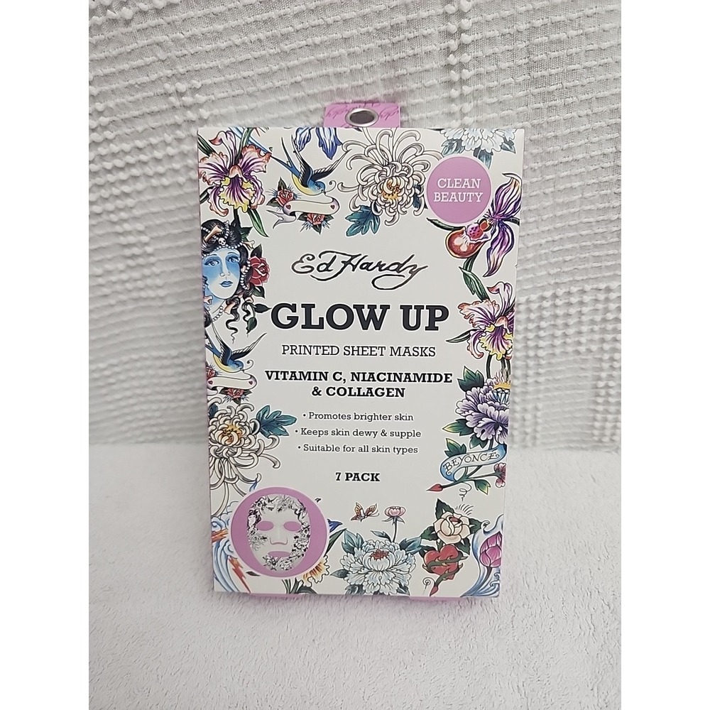 Ed Hardy Glow Up 7 Pack Printed Sheet Masks Vitamin C, Niacinamide, Collagen B1‎